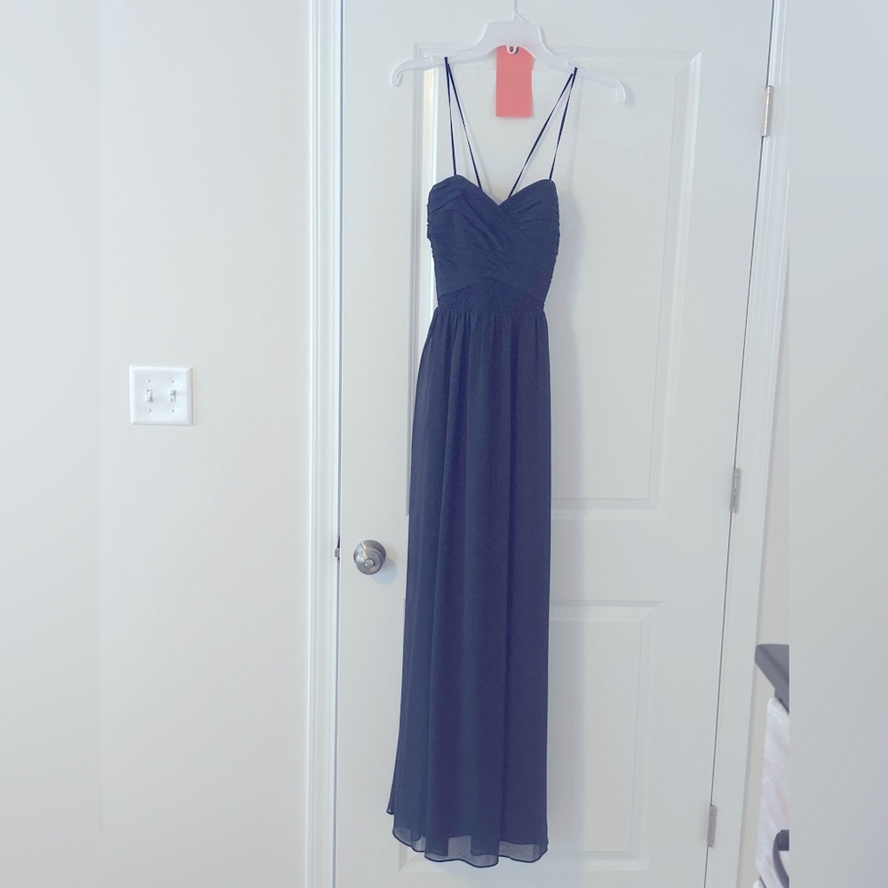 Long blue cross back strap bridesmaid dress - 4